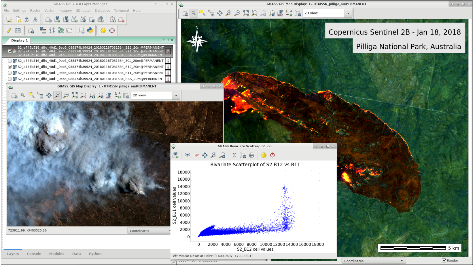 GRASS GIS 7.4.0: Wildfire in Australia, seen by\nSentinel-2B
